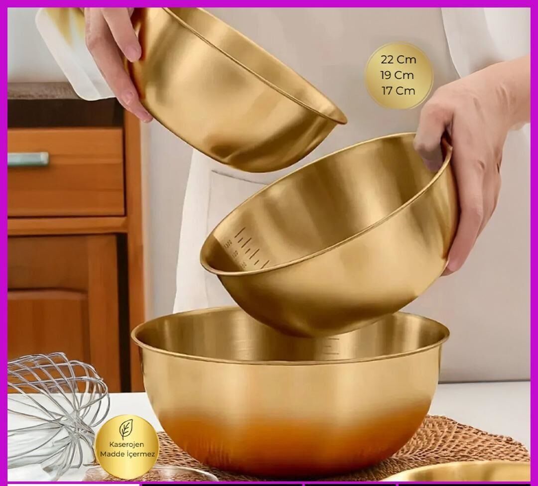 3'lü Gold Paslanmaz Çelik Kase Seti