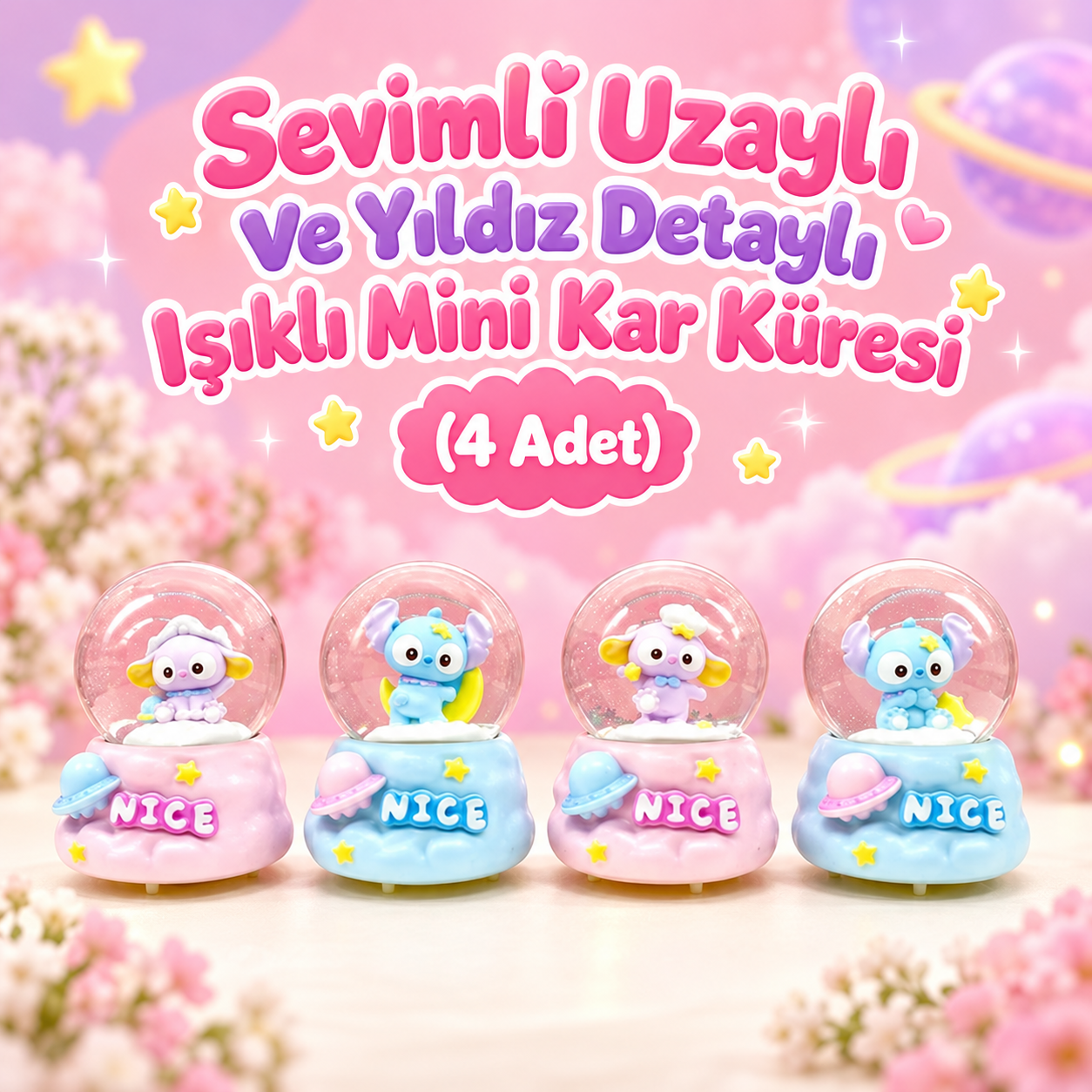 Sevimli Uzaylı  Ve Yıldız Detaylı Işıklı Mini Kar Küresi (4 Adet)