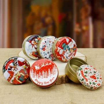 Yılbaşı Desen Yuvarlak Dekoratif Mum Teneke Kutu