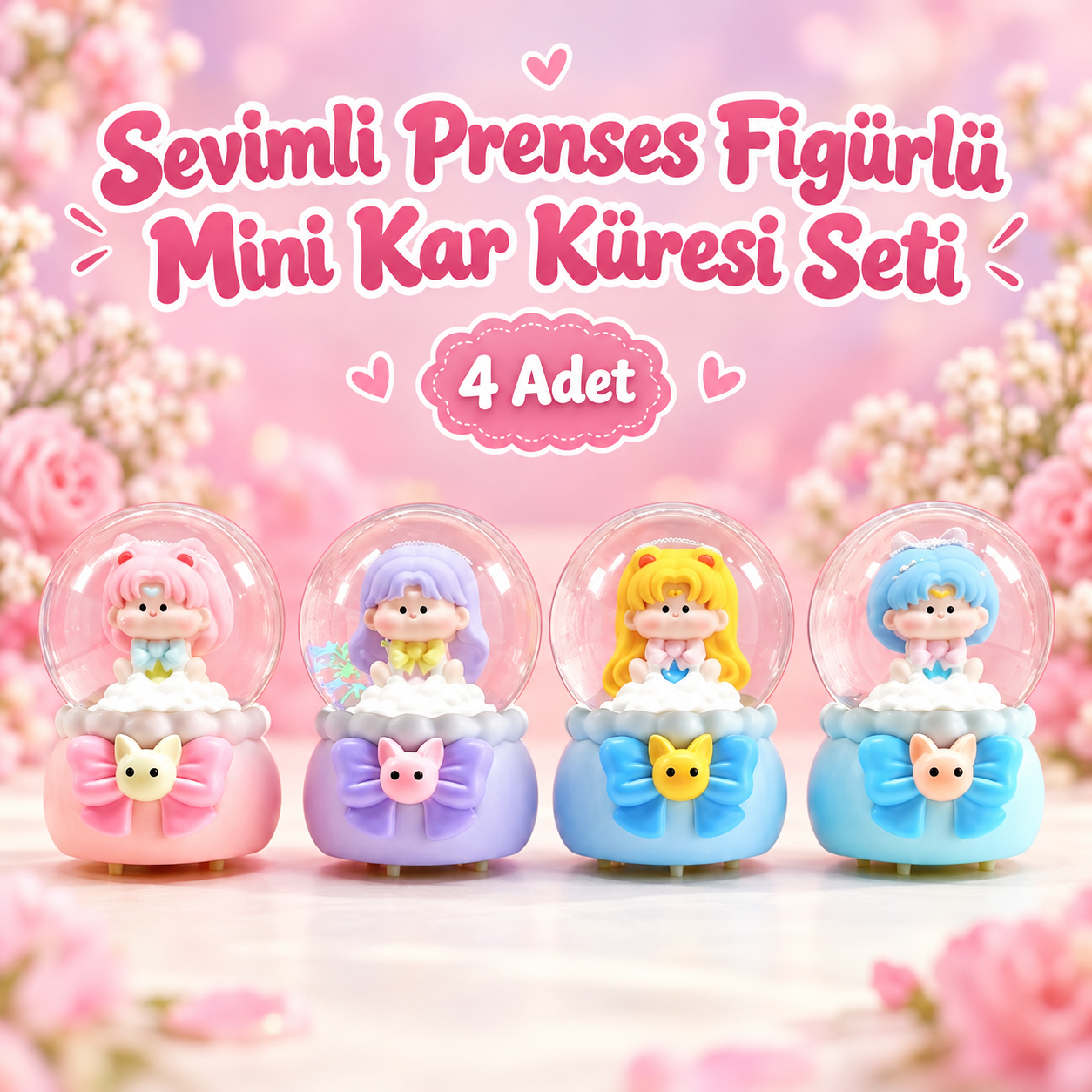 Sevimli Prenses Figürlü Renkli Saçlı  Işıklı Mini Kar Küresi Seti (4 Adet)