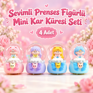 Sevimli Prenses Figürlü Renkli Saçlı  Işıklı Mini Kar Küresi Seti (4 Adet)