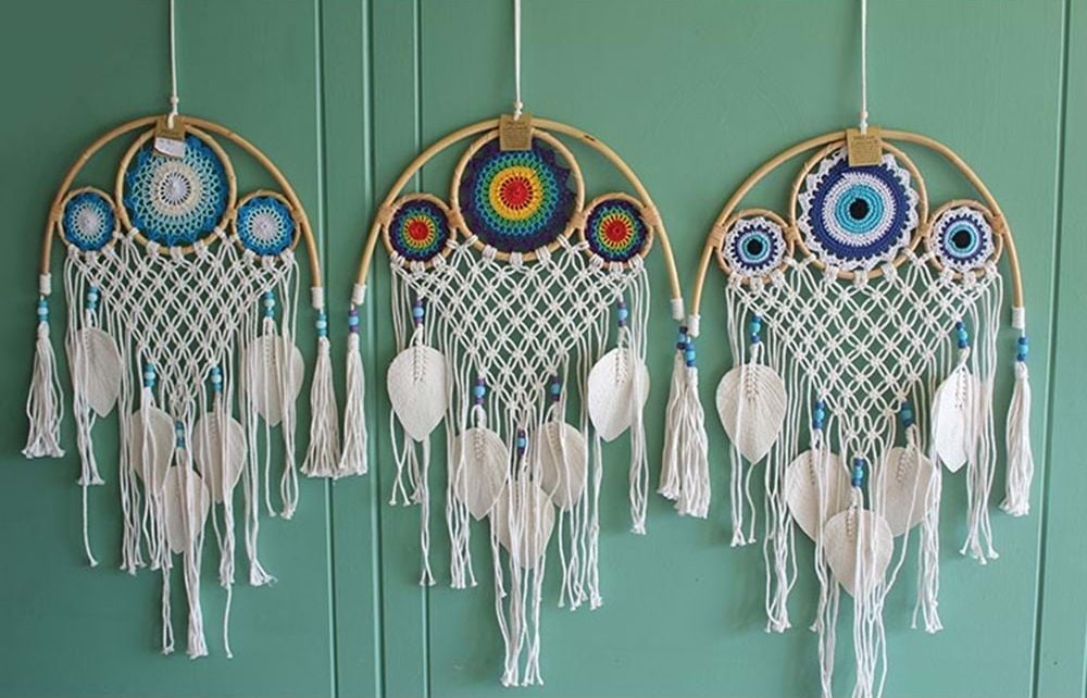 3 Renkli Dantelli Mavi Boncuklu Rüya Düş Kapanı Dream Catcher (65cm x 40cm)