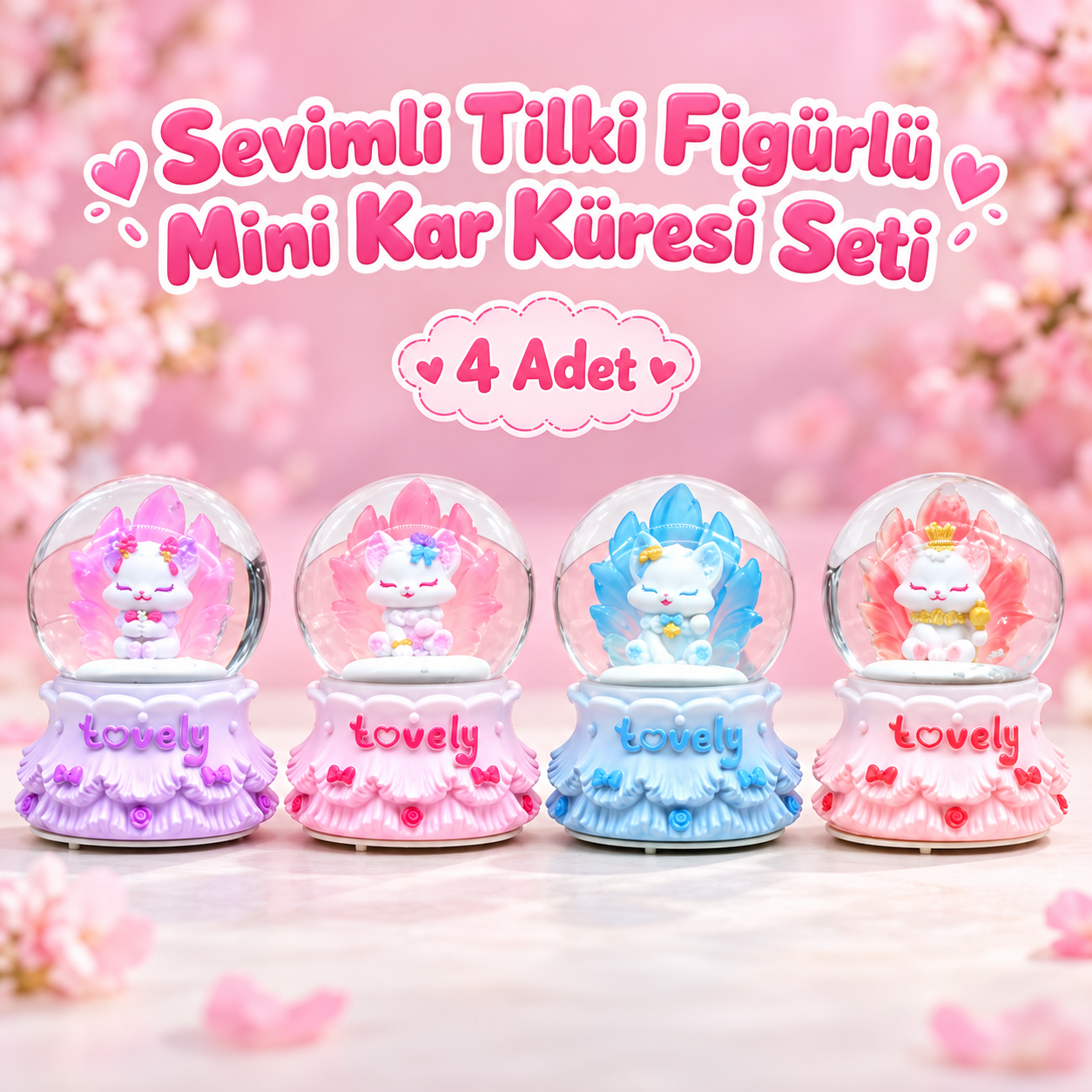 Sevimli Masalsı Tilki Figürlü Dokuz Kuyruklu Işıklı Mini Kar Küresi Seti (4 Adet)