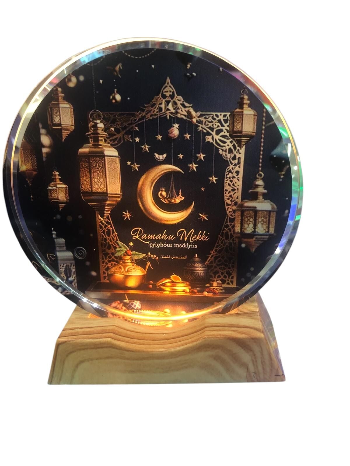 Ramadan Mekki Kristal Cam Detaylı Ahşap Tabanlı Gece Lambası