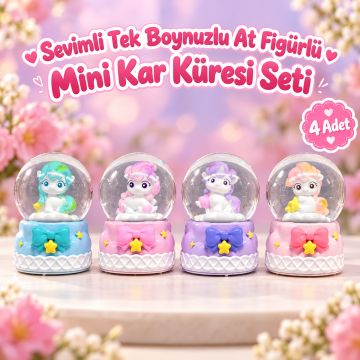 Sevimli  Tek Boynuzlu At Figürlü  Işıklı Mini Kar Küresi Seti (4 Adet)