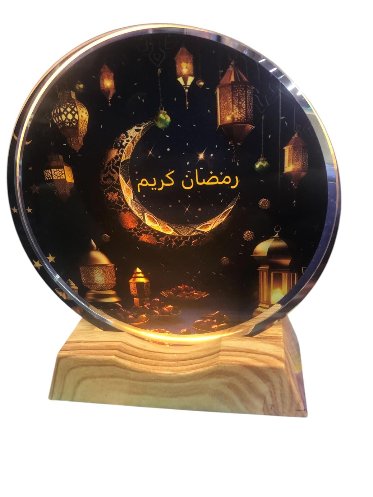 Ramazan Temalı Ahşap Tabanlı USB Kristal Cam Gece Lambası