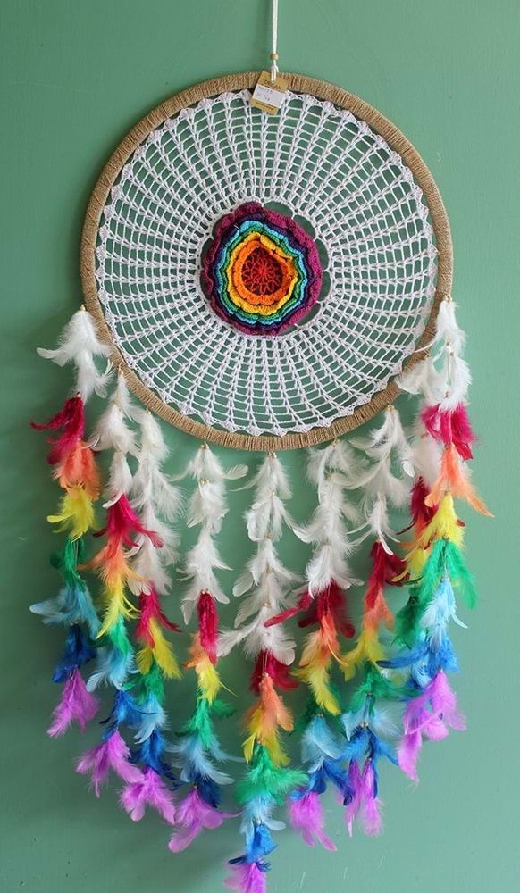 Beyaz Dantelli Renkli Püsküllü Tasarımlı Rüya Kapanı Dream Catcher (110cm x 50cm)