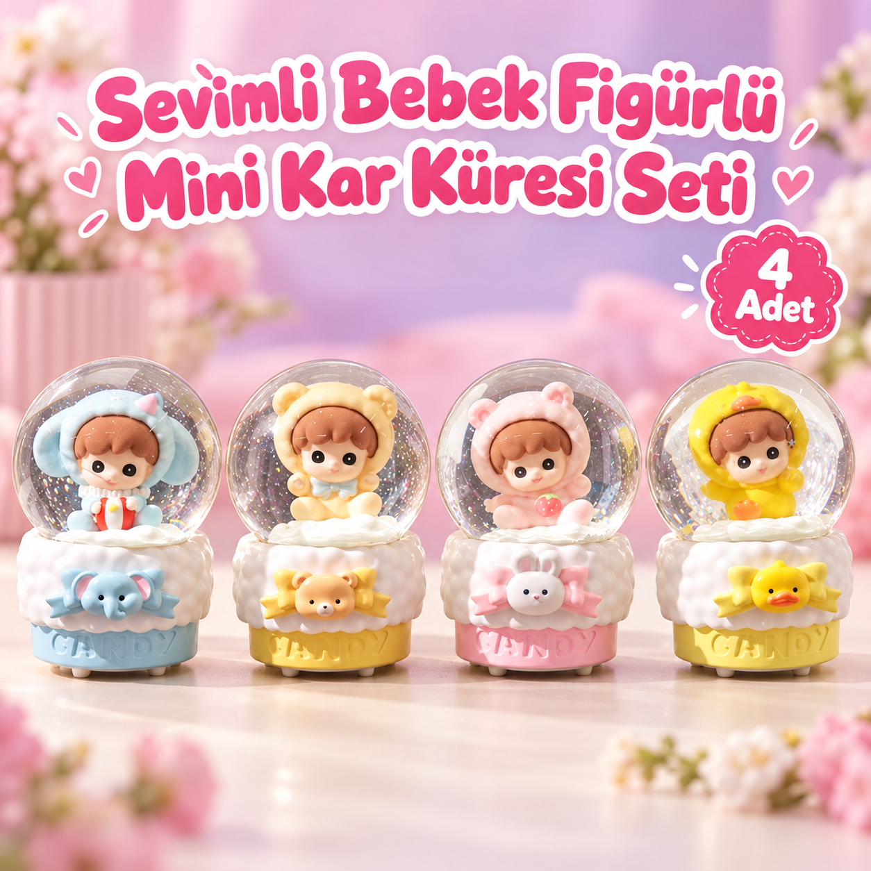 Sevimli Hayvan Kostümlü Çocuk Bulut  Işıklı Mini Kar Küresi Seti (4 Adet)