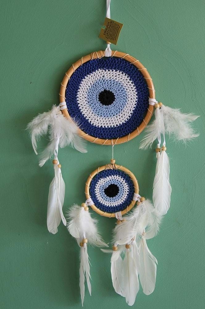 Mavi Renkli Püsküllü Tasarımlı 2'li Rüya Kapanı Dream Catcher (57cm x 20cm)