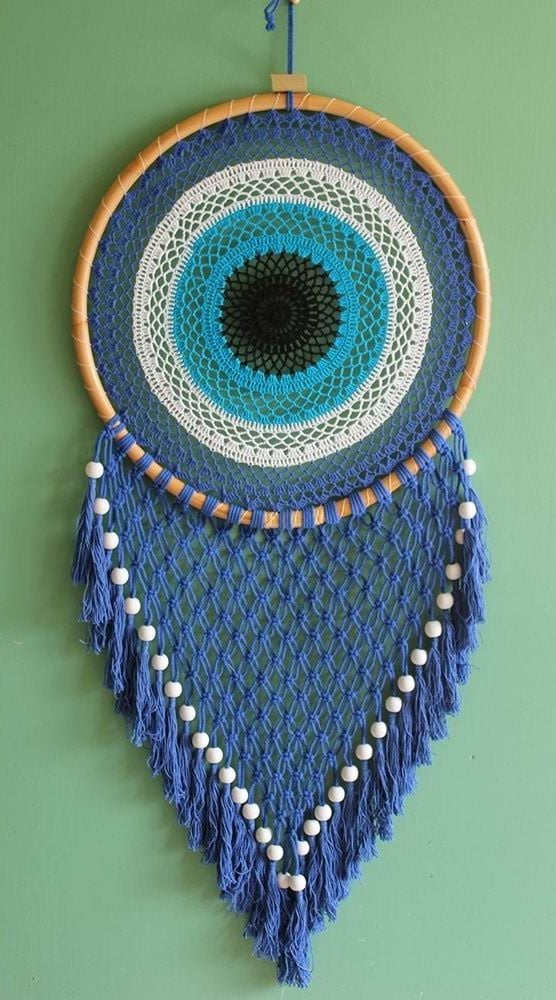 Mavi Dantelli Boncuklu Rüya Kapanı Dream Catcher (110cm x 51cm)