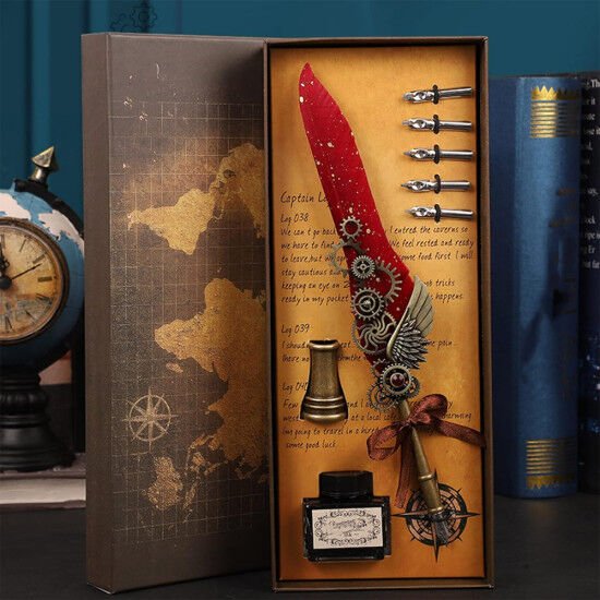 Masa Üstü Kanat Tüylü Divit Kalem Seti Kırmızı