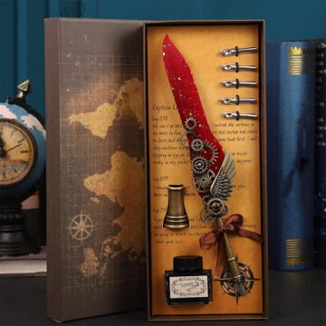 Masa Üstü Kanat Tüylü Divit Kalem Seti Kırmızı