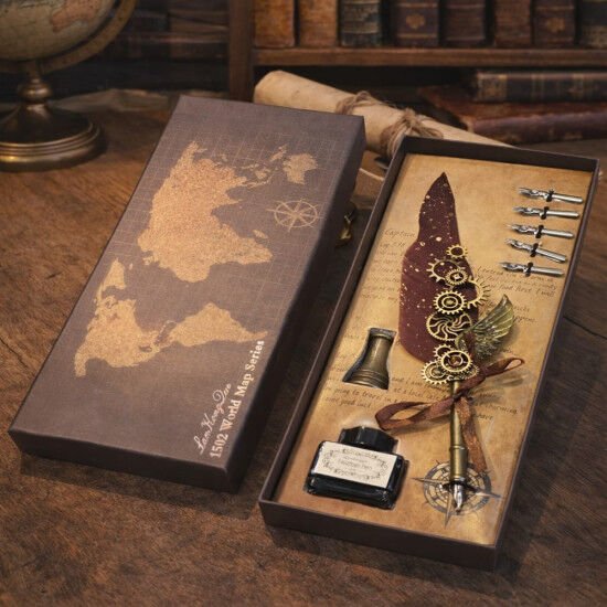 Masa Üstü Kanat Tüylü Divit Kalem Seti Kahverengi