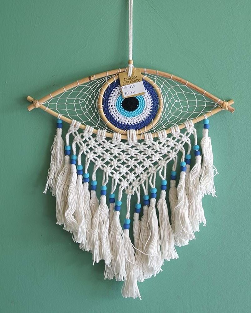 Göz Tasarımlı Mavi Boncuklu Rüya Kapanı Dream Catcher (42cm x 38cm)