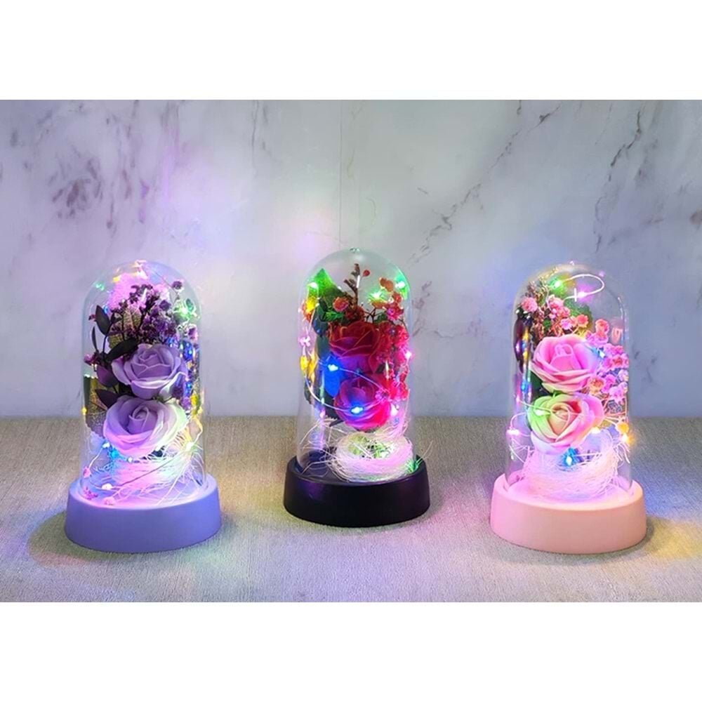 Işıklı Müzikli Romantik Cam Fanus İçinde Solmayan Renkli Gül