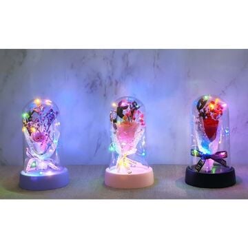 Işıklı Müzikli Romantik Cam Fanus İçinde Solmayan Gül Buketi