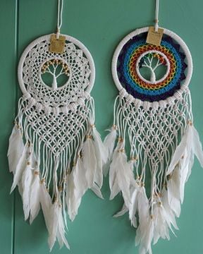 Hayat Ağacı Beyaz Dantelli Rüya Kapanı Dream Catcher (65cm x 22cm)