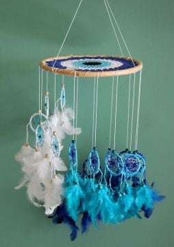 Avize Tasarım Mavi Beyaz Rüya Kapanı Dream Catcher (50cm x 22cm)