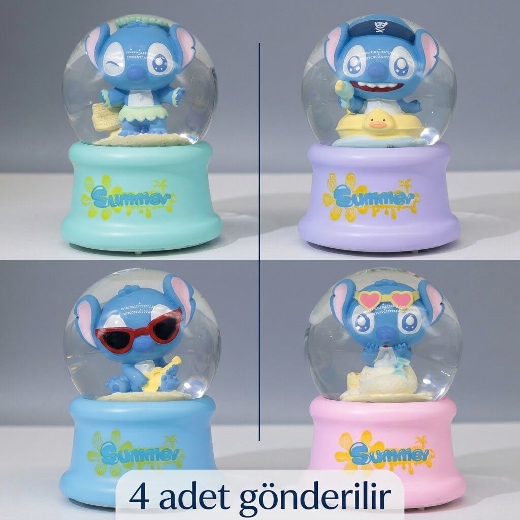 Sevimli Mavi Uzay Dostu Işıklı Mini Kar Küresi Seti (4 Adet)