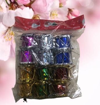 Renkli Mini Davul Çam Ağacı Süsü (12 Parça)