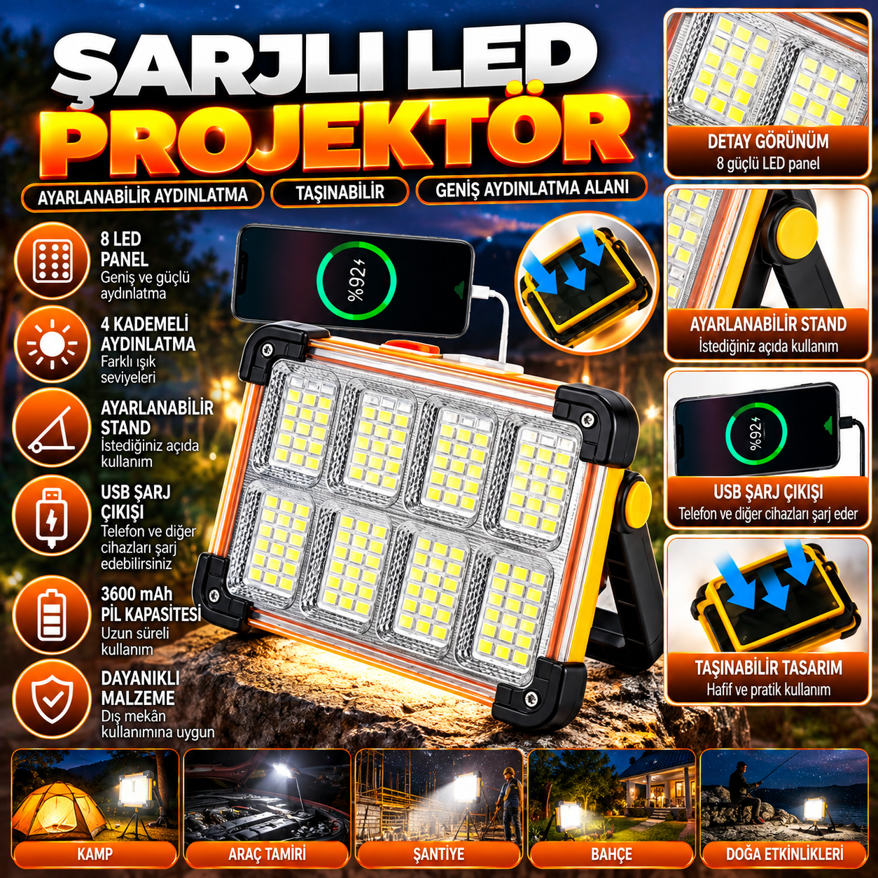 Solarlı Şarjı Led 4 Kademeli 3600MAH Pil