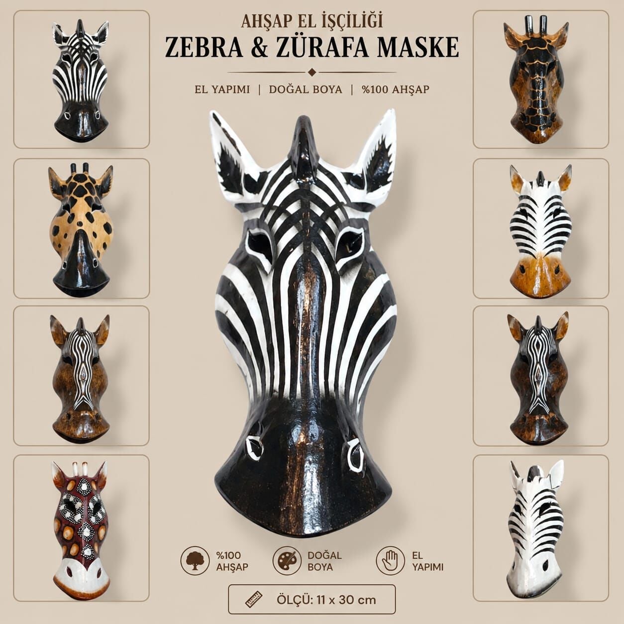 Dekoratif Zürafa& Zebra Duvara Asmalı Maske 30cm