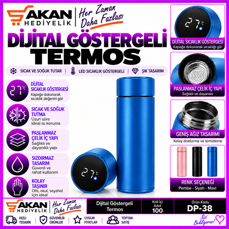 HARF TASARIMLI VE DİJİTAL SICAKLIK GÖSTERGELİ ÇELİK TERMOS MAVİ