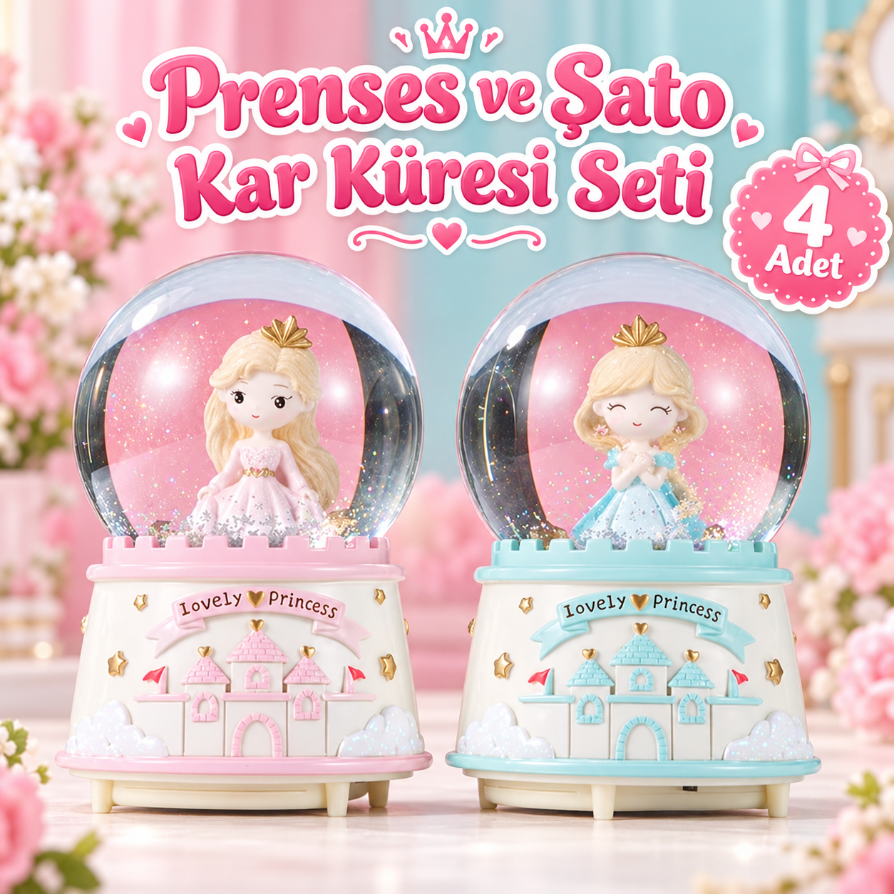 Sevimli Prenses Figürlü Şato Ve Kale Tabanlı Işıklı Kar Küresi ( 4 Adet)