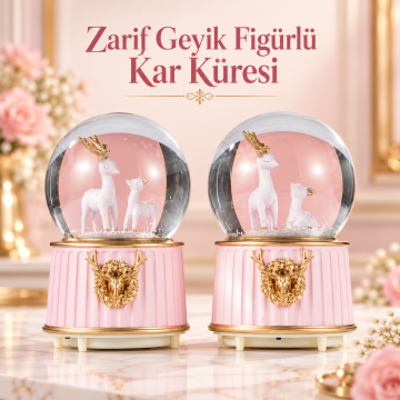 Sevimli Anne Ve Yavru Geyik Figürlü Altın Detaylı  Işıklı Mini Kar Küresi ( 4 Adet)
