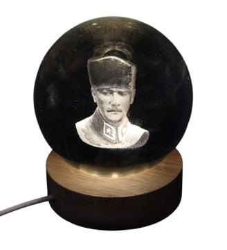 Dekoratif Ahşap Altlıklı Atatürk Temalı Işıklı Cam Küre (8 cm)