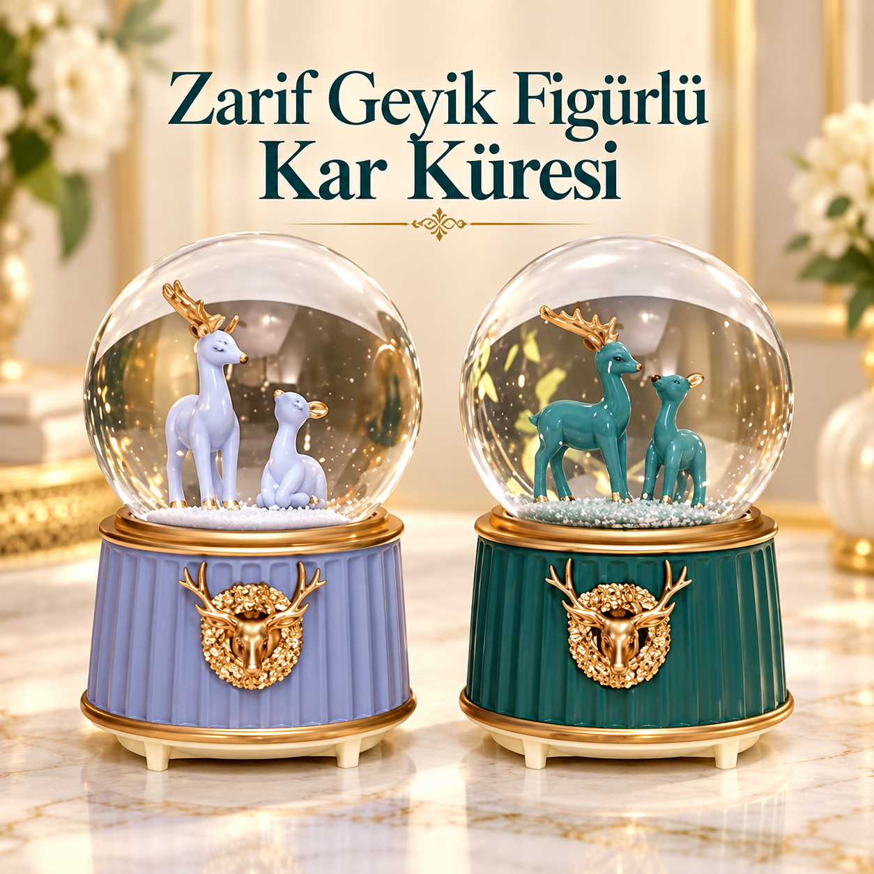 Zarif Geyik Ailesi Figürlü Altın Detaylı Işıklı Mini Kar  Küresi ( 4 Adet)