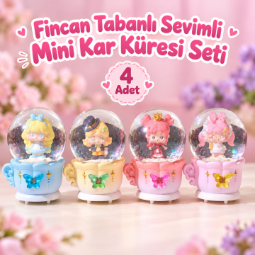 Sevimli Masalsı Karakter Çay Fincanı Tabanlı Işıklı Mini Kar Küresi (4 Adet)