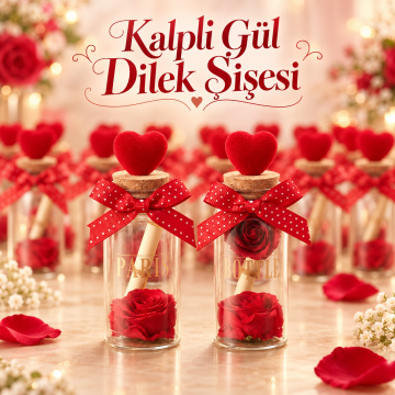 Kalpli Gül Ve Mektup Detaylı Kırmızı Kurdeleli Cam Dilek Şişesi(12 Adet)