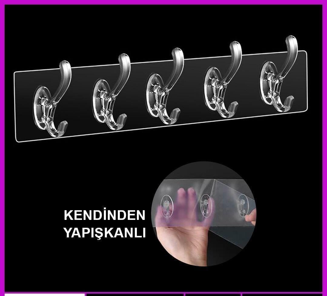 5'li Yapışkanlı Şeffaf Pratik Banyo Mutfak Kanca Askısı