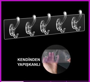 5'li Yapışkanlı Şeffaf Pratik Banyo Mutfak Kanca Askısı