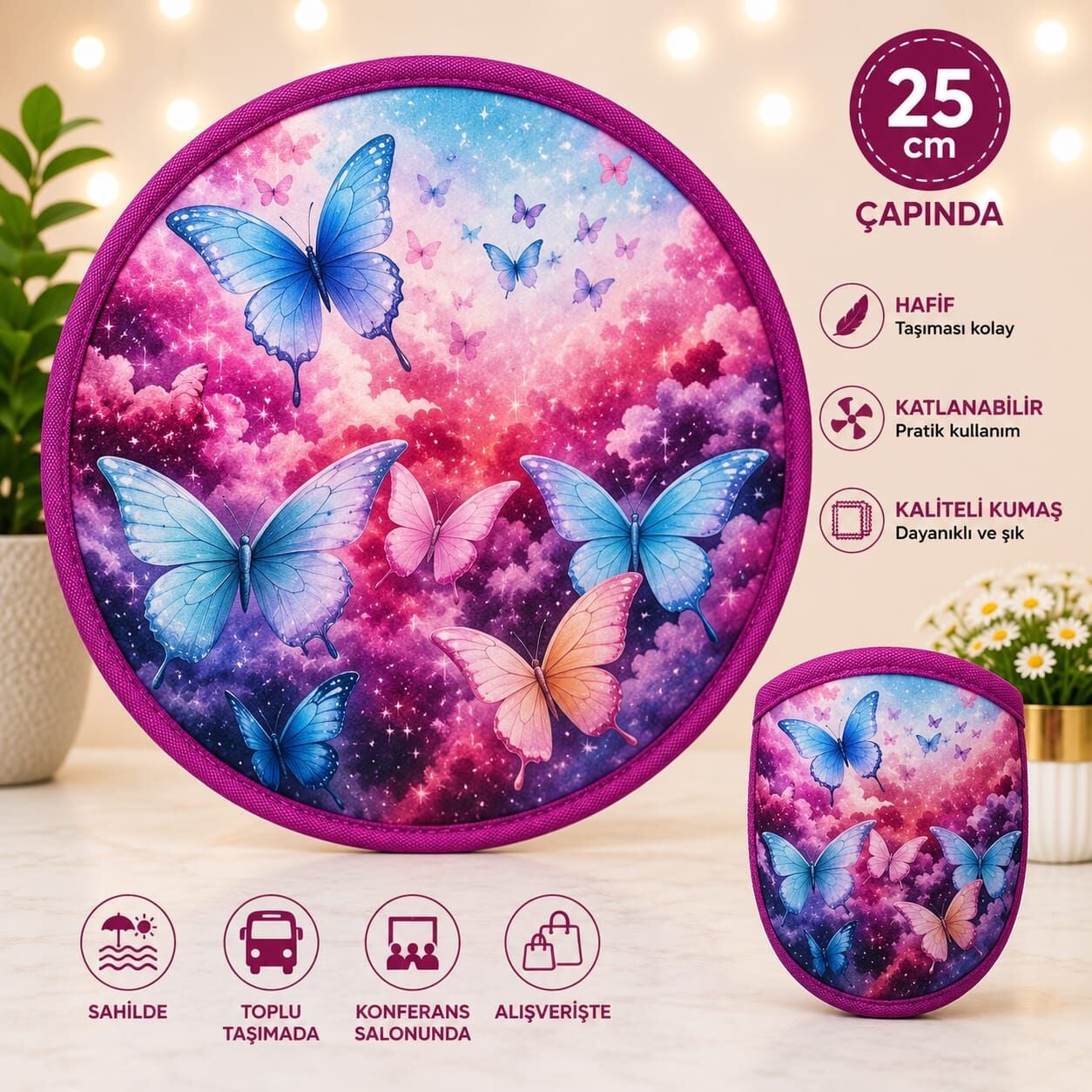 Kore Katlanır Desenli Yuvarlak Yelpaze 25CM