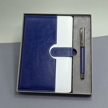 Vip Mavi Beyaz Deri Kapaklı Defter Ve Metal Kalem Set