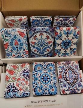 Taşlı Çini Çiçek Tasarımlı Cep Makyaj Aynası (12 Adet)