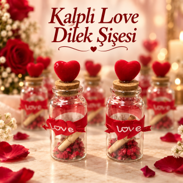 Kalpli Ve Love Detaylı Kırmızı Kurdeleli Mektuplu Cam Şans Şişesi(12 Adet)