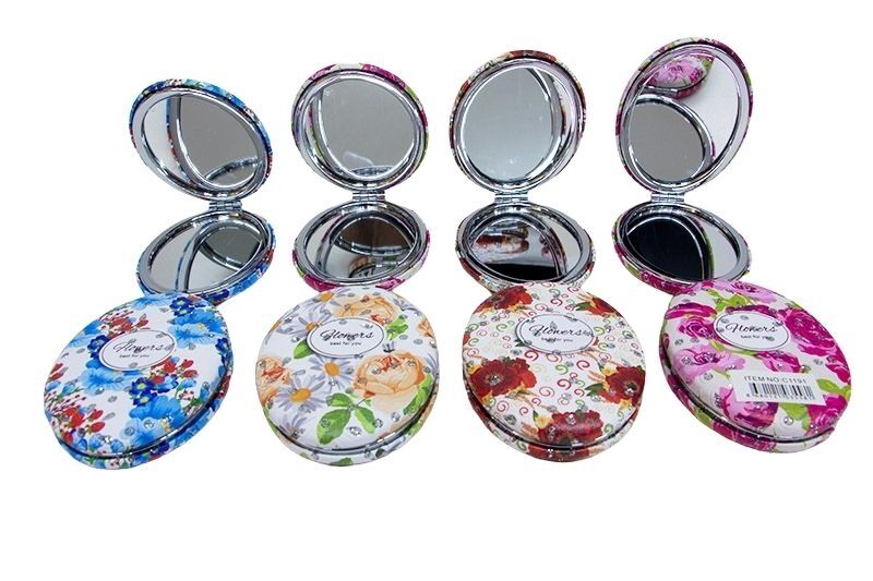 Çiçekli Taşlı Oval Cep Aynası