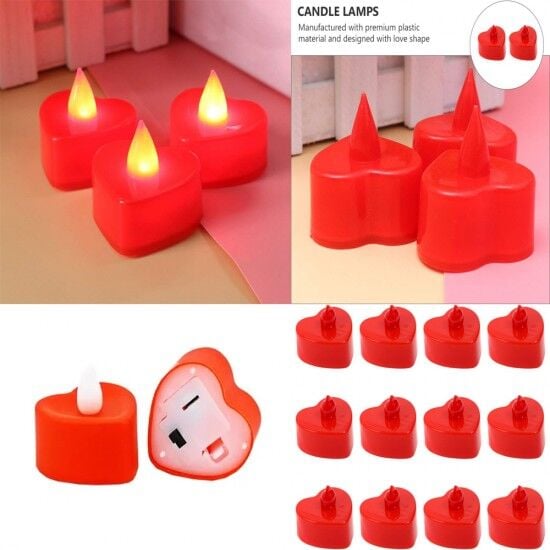 Kırmızı Kalpli Pilli Led Mum (24 Adet)