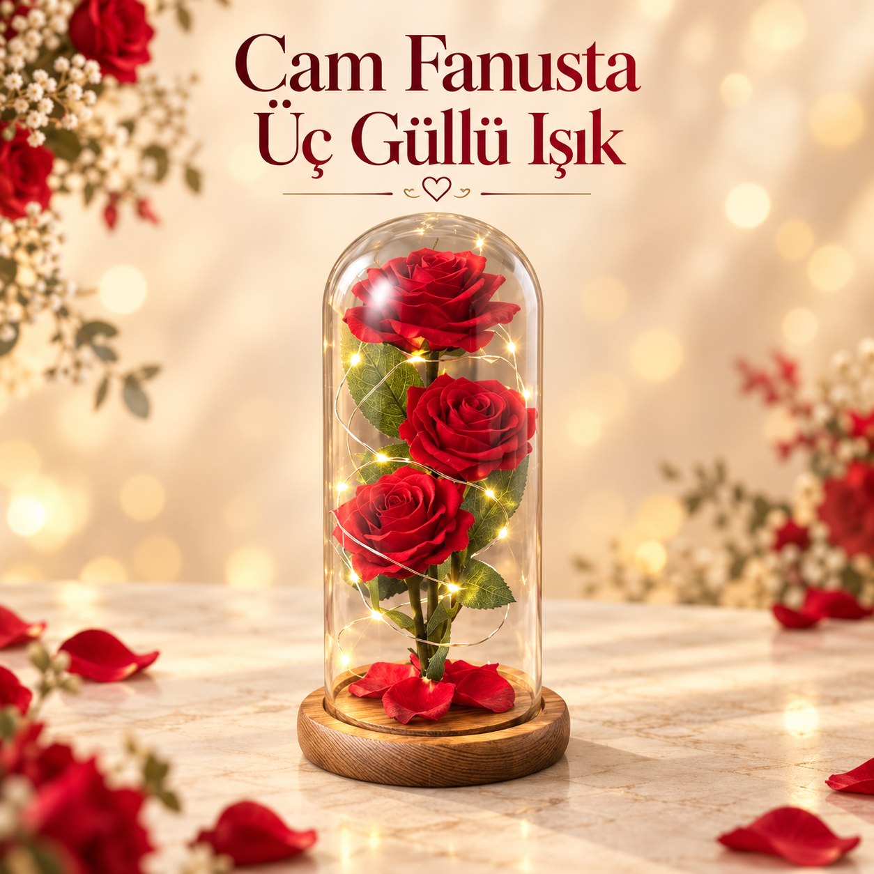 Ahşap Tabanlı LED Aydınlatmalı Cam Fanus İçinde 3'lü Kırmızı Gül