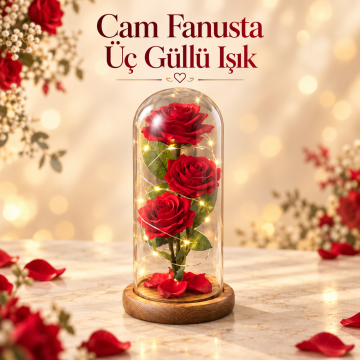 Ahşap Tabanlı LED Aydınlatmalı Cam Fanus İçinde 3'lü Kırmızı Gül