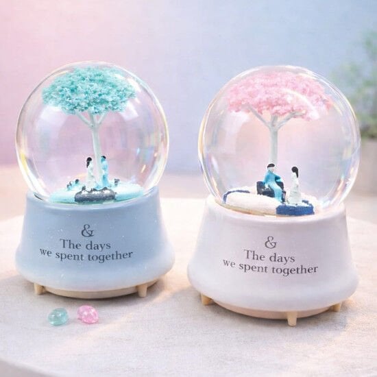 Ağaç Altında Oturan Romantik Çiftler Püskürtmeli Müzikli Cam Kar Küresi