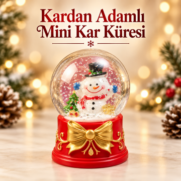 Sevimli Kardan Adam Figürlü Altın Fiyonklu Işıklı Mini Kar Küresi