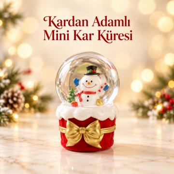 Sevimli Kardan Adam Figürlü Altın Fiyonklu Işıklı Mini Kar Küresi