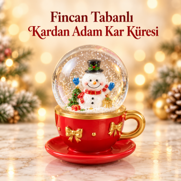 Sevimli Kardan Adam Figürlü Fincan Ve Tabak Kaideli Işıklı Mini Kar Küresi