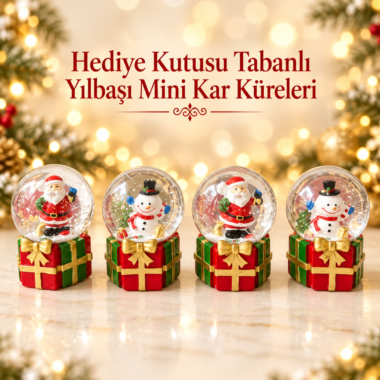Sevimli Noel Baba Ve Kardan Adam Figürlü Hediye Paketi Işıklı Mini Kar Küresi