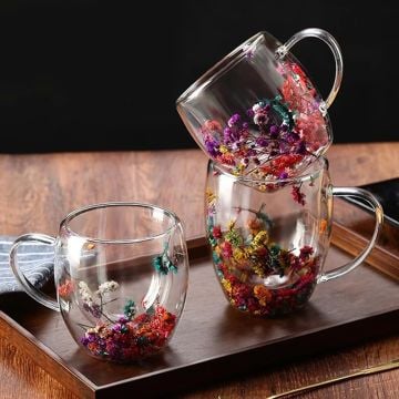 Orjinal Kurutulmuş Çiçekli Çift Camlı Kupa Bardak 350Ml