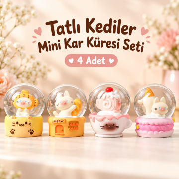 Sevimli Kedi Figürlü Tematik Kaideli Işıklı Mini Kar Küresi  ( 4 Adet)